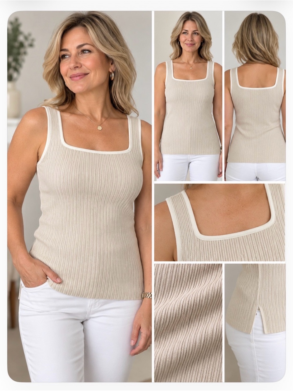 Club Monaco Beige Ribbed Square-Neck Tank